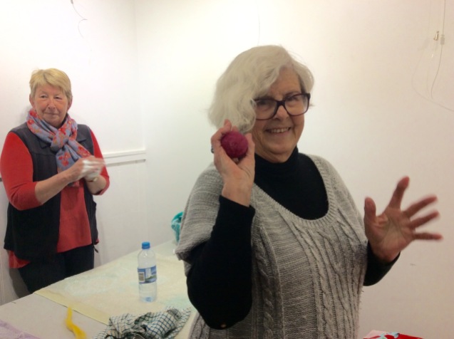 Lesley happy with her felted ball